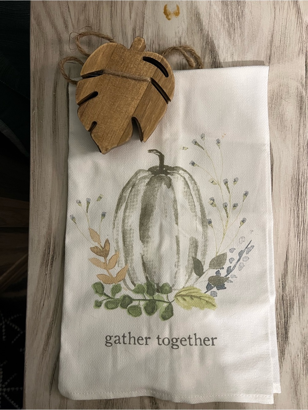 Mud Pie Gather Together Towel & Wood Leaf Coaster Set Fall Thanksgiving